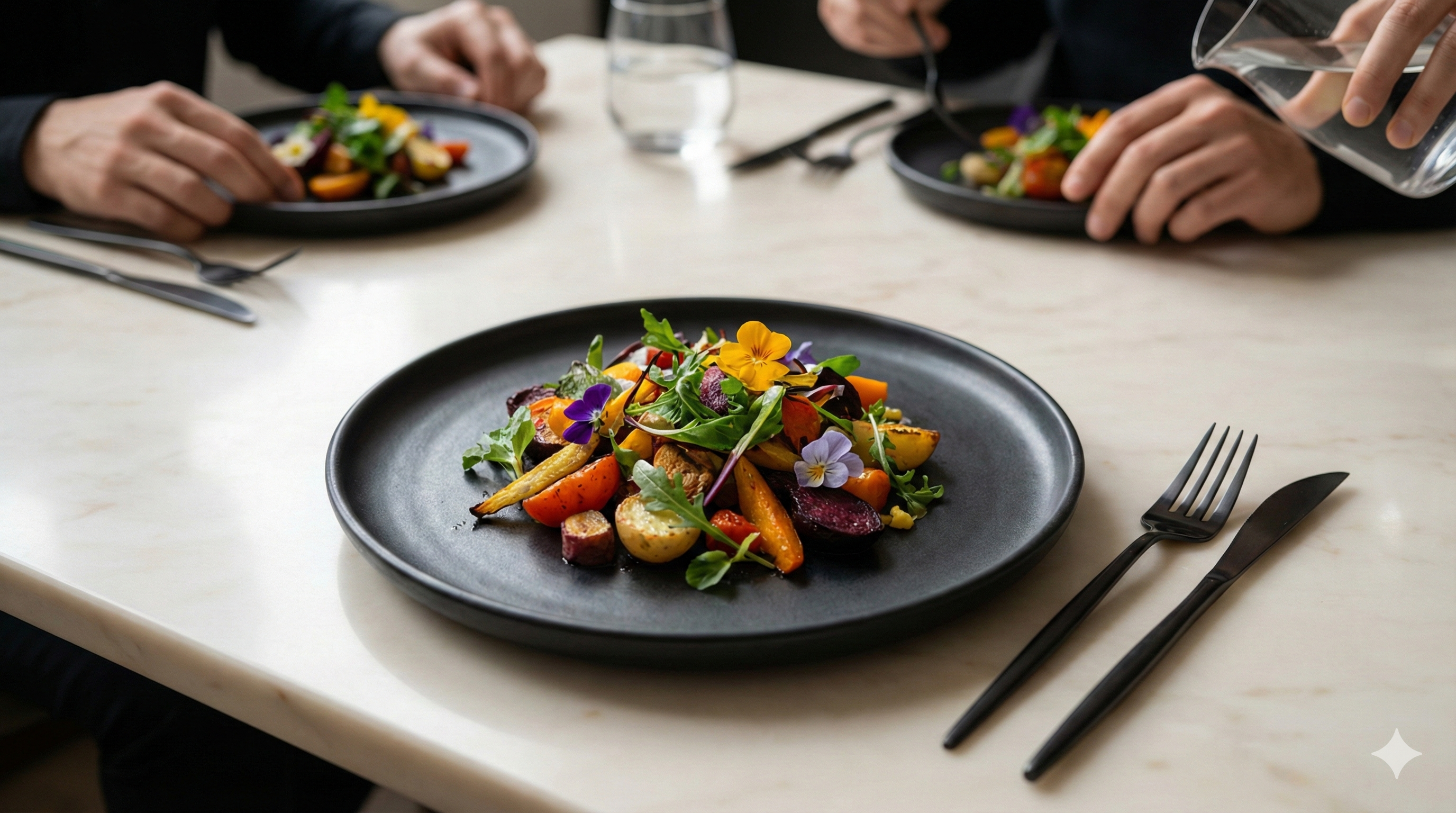O farfurie estetic aranjată cu mâncare colorată, vedere de sus